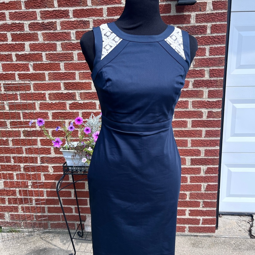 Ann Taylor Navy Blue Midi Dress with White lace.